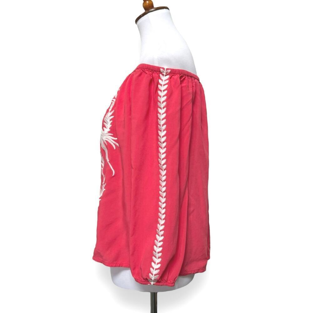 Solitaire Off-The-Shoulder Embroidered Peasant Top Coral White Women’s Medium - Picture 4 of 10